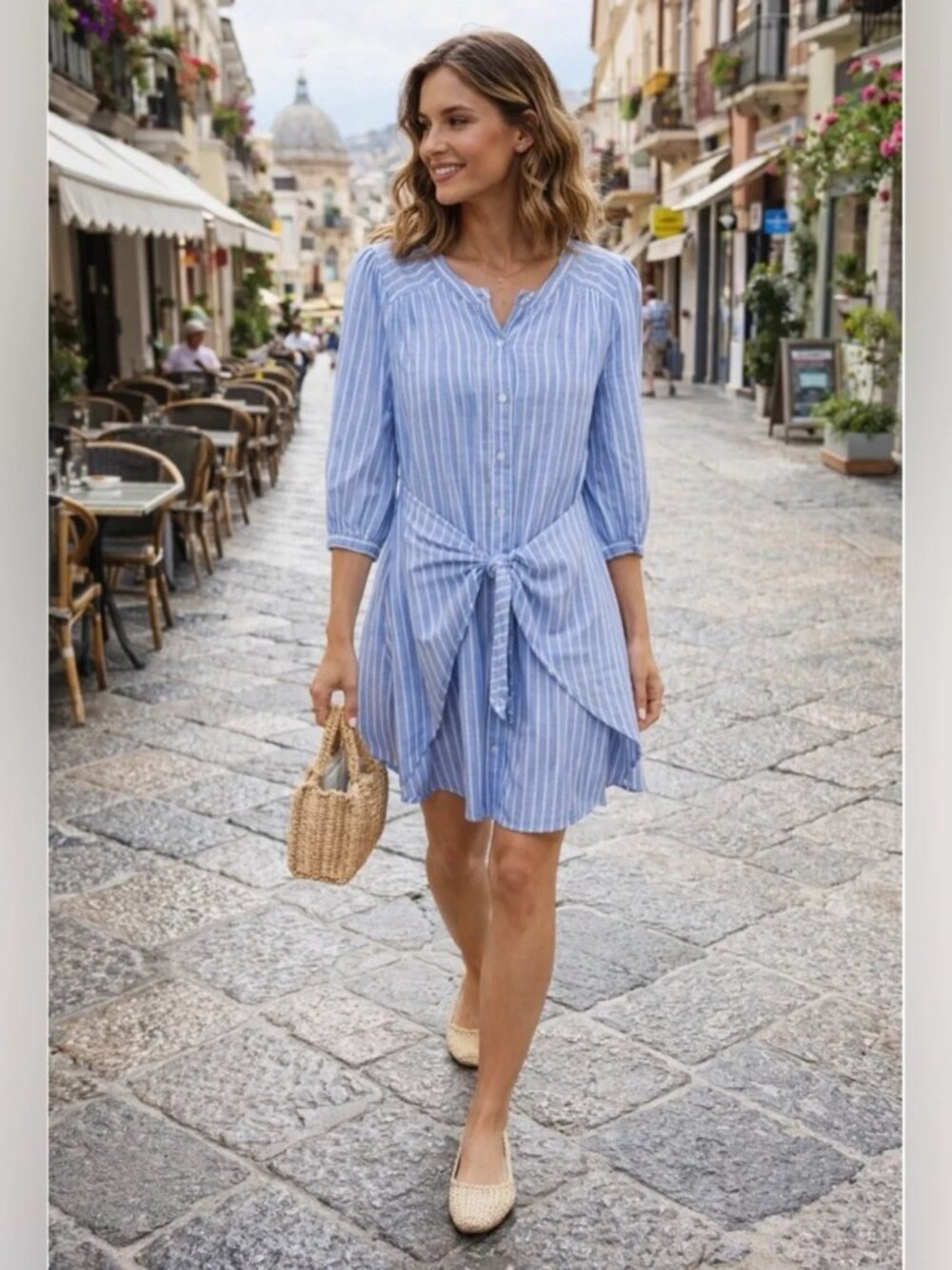 Evereve Blue White Striped Shirt Dress Tie Waist Short Cotton L